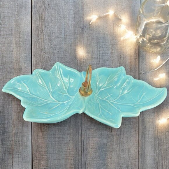 Turquoise Ceramic Dish with White Swirls Double Leaf Tidbit Tray Dish Metal VTG - Picture 1 of 16